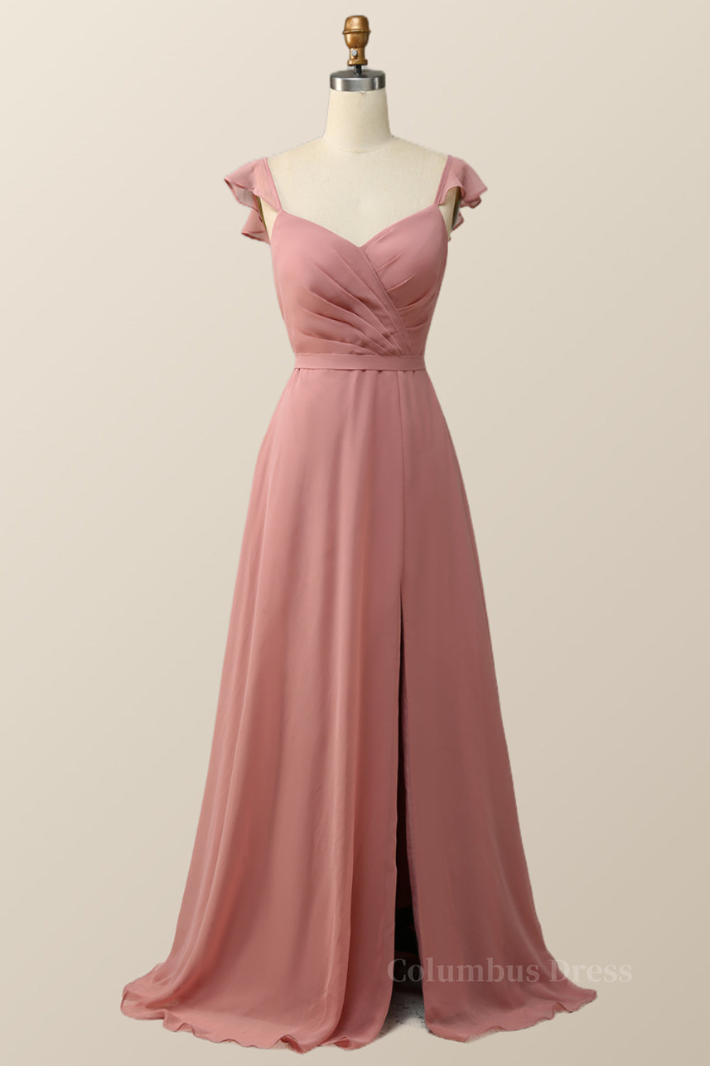 Prom Dresses Shops, Blush Pink Ruffled Flare Sleeve Chiffon Long Bridesmaid Dress