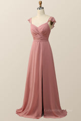 Prom Dresses Inspired, Blush Pink Ruffled Flare Sleeve Chiffon Long Bridesmaid Dress