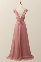 Prom Dresses Inspiration, Blush Pink Ruffled Flare Sleeve Chiffon Long Bridesmaid Dress