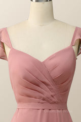 Prom Dress Inspirational, Blush Pink Ruffled Flare Sleeve Chiffon Long Bridesmaid Dress
