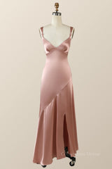 Prom Dress With Shorts, Blush Pink Silk Sheath Long Bridesmaid Dress with Slit