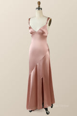 Prom Dresses With Short, Blush Pink Silk Sheath Long Bridesmaid Dress with Slit