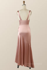 Prom Dresses With Shorts, Blush Pink Silk Sheath Long Bridesmaid Dress with Slit