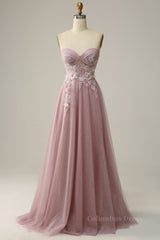 Prom Dressed Black, Blush Pink Strapless Sweetheart Appliques A-line Long Prom Dress