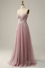 Prom Dresses 2024 Short, Blush Pink Strapless Sweetheart Appliques A-line Long Prom Dress