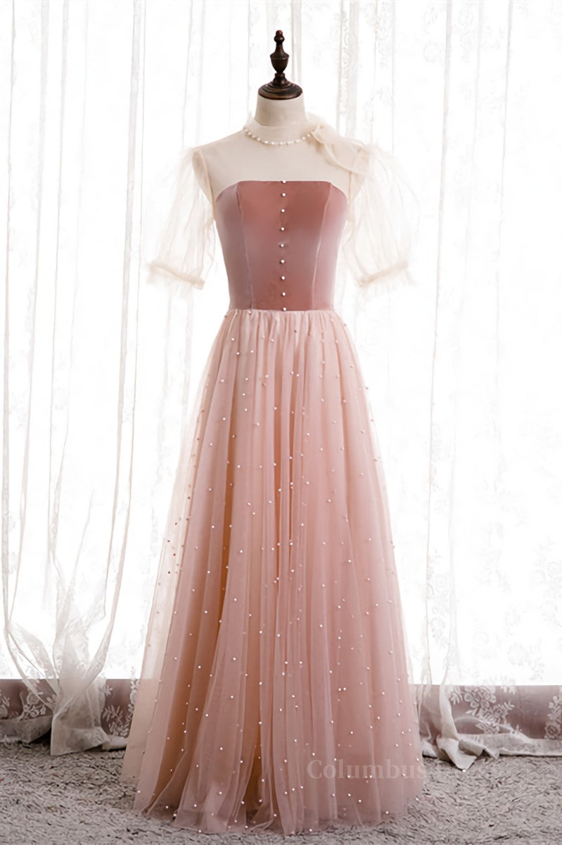 Evening Dress Long Elegant, Blushing Pink Illusion Neck Puff Sleeves Pearl Beaded Maxi Formal Dress