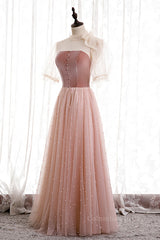 Evening Dresses Long Elegant, Blushing Pink Illusion Neck Puff Sleeves Pearl Beaded Maxi Formal Dress