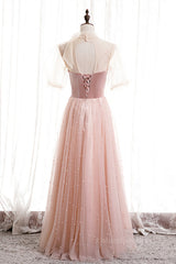 Evening Dress Classy, Blushing Pink Illusion Neck Puff Sleeves Pearl Beaded Maxi Formal Dress