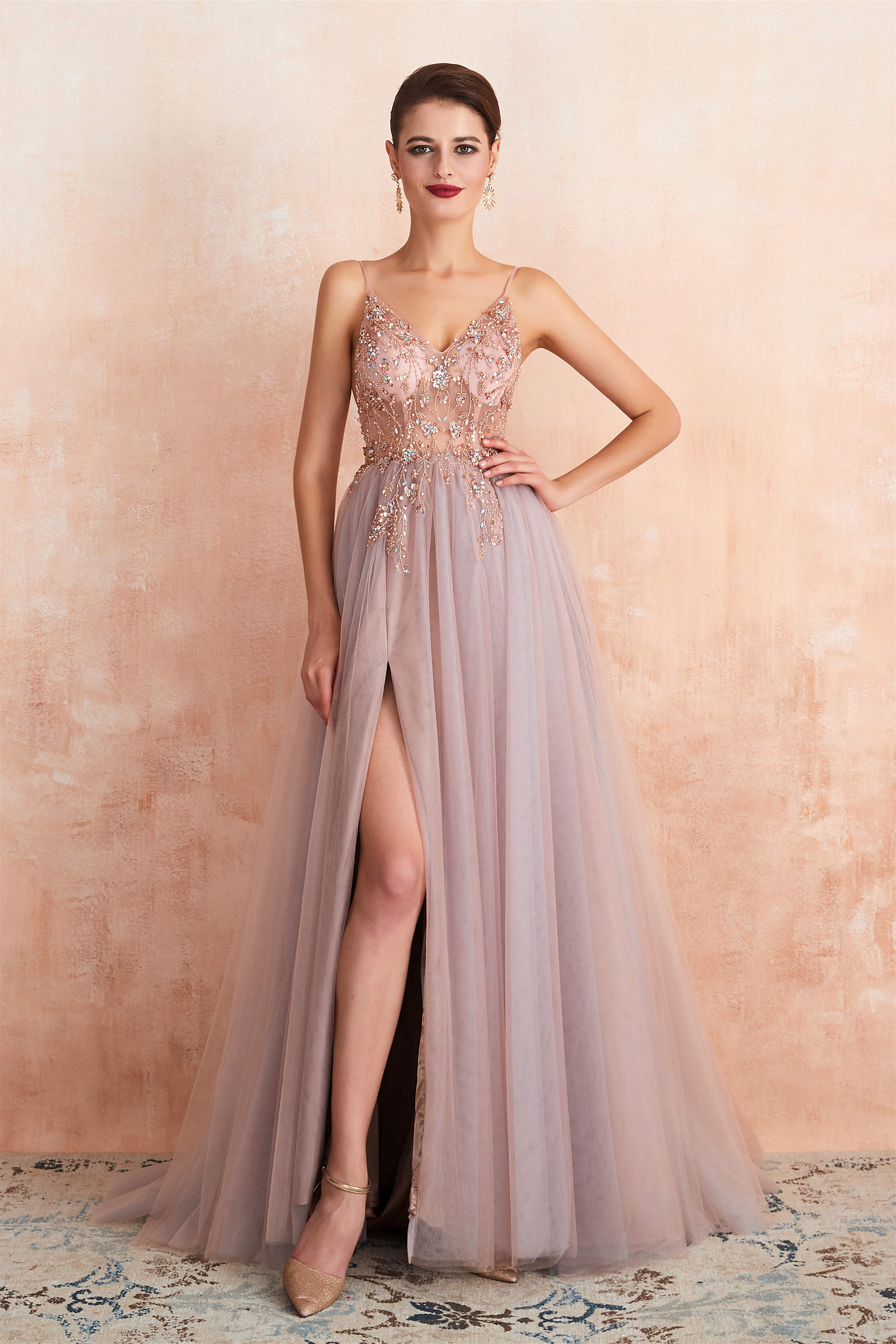 Prom Dresses 2048, Spaghetti Straps V-neck Sheer Top Tulle Long Prom Dresses with Side Slit