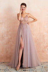 Prom Dresses Off The Shoulder, Spaghetti Straps V-neck Sheer Top Tulle Long Prom Dresses with Side Slit