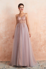 Prom Dresses Beautiful, Spaghetti Straps V-neck Sheer Top Tulle Long Prom Dresses with Side Slit