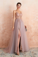 Prom Dress Classy, Spaghetti Straps V-neck Sheer Top Tulle Long Prom Dresses with Side Slit