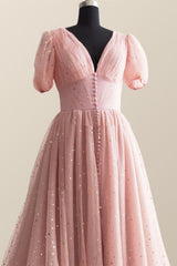 Prom Dress 2041, Short Sleeves Blush Pink Long Party Dress