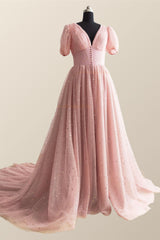 Prom Dresses Off The Shoulder, Short Sleeves Blush Pink Long Party Dress