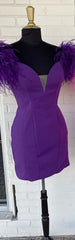 Bridesmaid Dress Shop, Bodycon Deep V Neck Purple Short Homecoming Dress with Feather