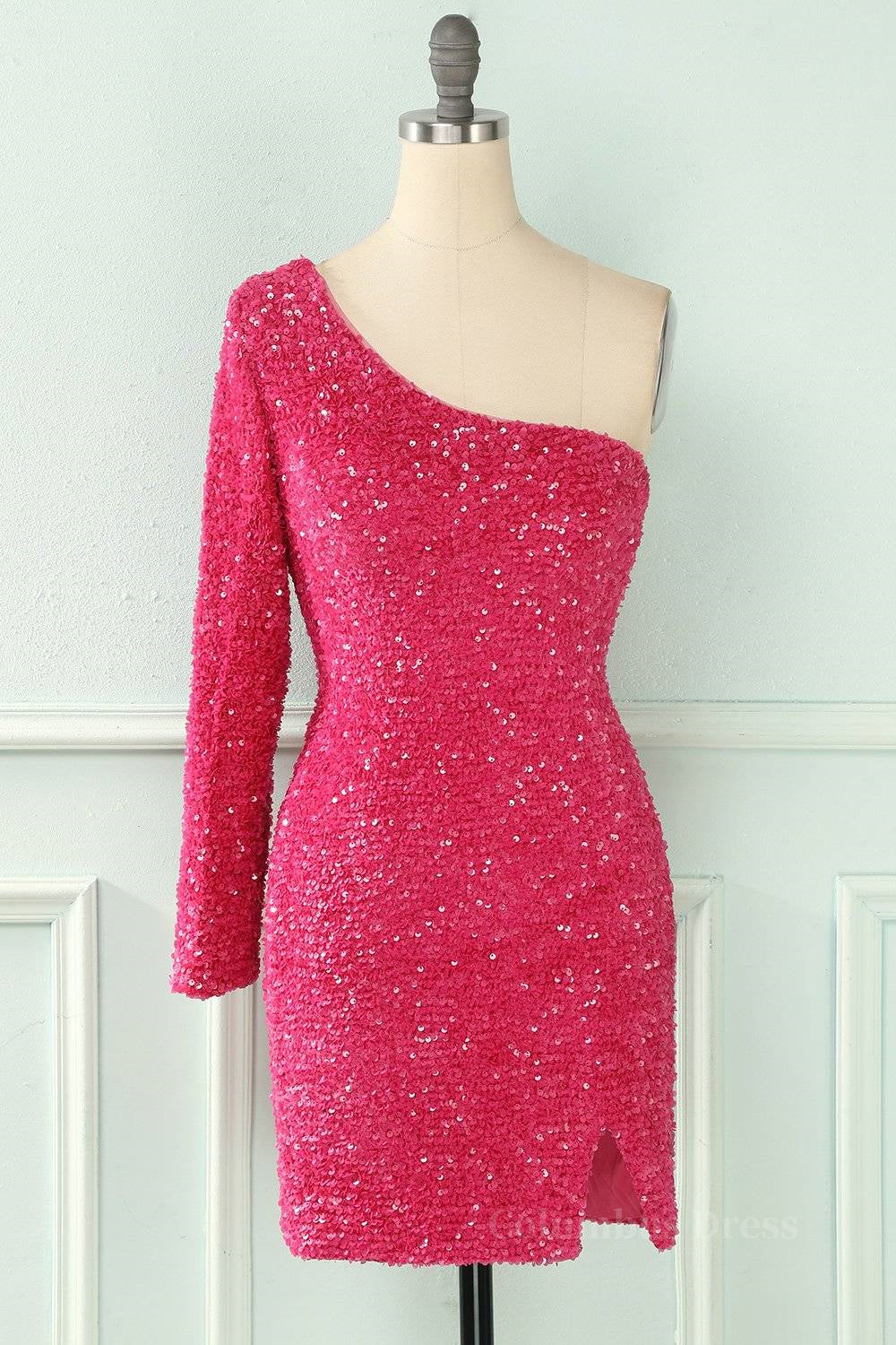 Party Dresses Shopping, Bodycon One Shoulder Long Sleeves Sparkly Mini Homecoming Dress