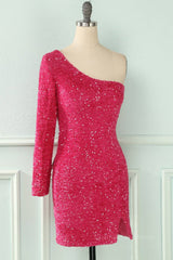 Party Dress Near Me, Bodycon One Shoulder Long Sleeves Sparkly Mini Homecoming Dress