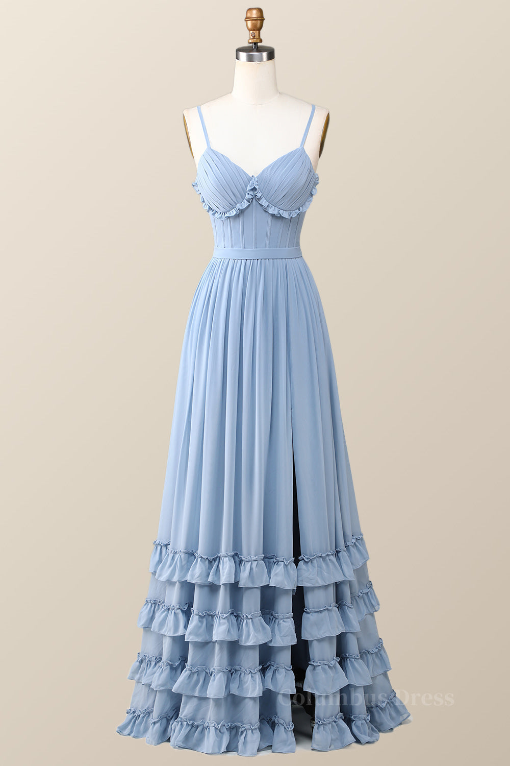 Backless Prom Dress, Boho Style Dusty Blue Ruffles Long Bridesmaid Dress
