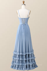 Long Dress Formal, Boho Style Dusty Blue Ruffles Long Bridesmaid Dress