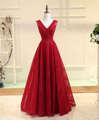 Formal Dress Places Near Me, Burgundy V Neck Lace Long Prom Gown Burgundy Evening Dress