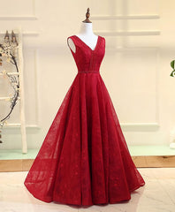 Formal Dress Cheap, Burgundy V Neck Lace Long Prom Gown Burgundy Evening Dress