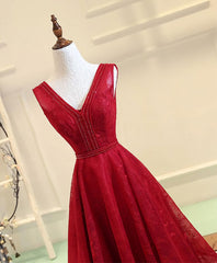 Formal Dress Classy, Burgundy V Neck Lace Long Prom Gown Burgundy Evening Dress