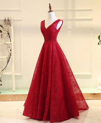 Formal Dress Black Dress, Burgundy V Neck Lace Long Prom Gown Burgundy Evening Dress