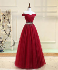 Prom Dress 2042, Burgundy Tulle Off Shoulder Long Prom Dress, Burgundy Evening Dress