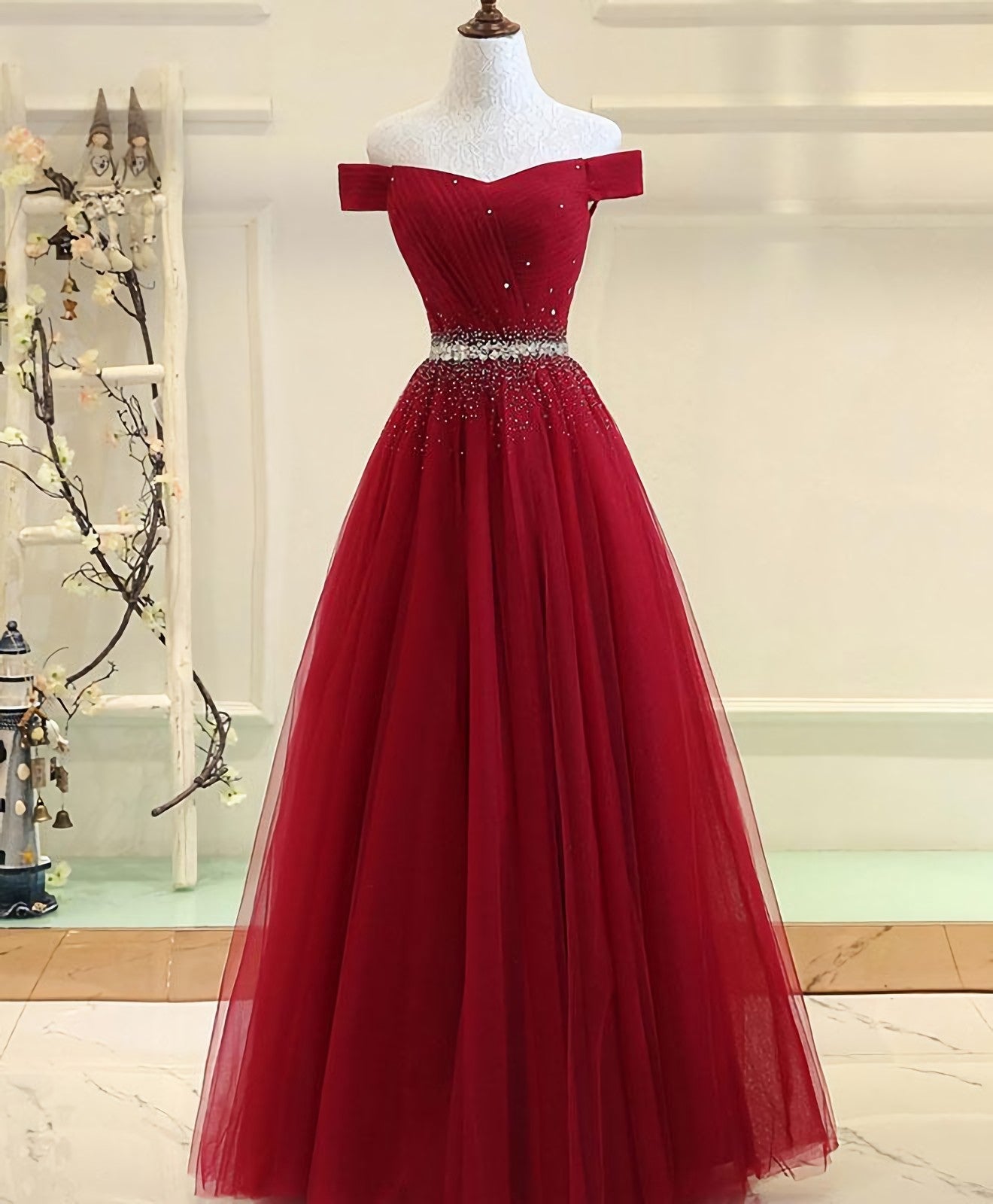 Prom Dress Backless, Burgundy Tulle Off Shoulder Long Prom Dress, Burgundy Evening Dress