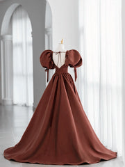 Bridesmaid Dress Sale, Brown Satin Short Sleeves Long Party Dress, Brown V-neckline Prom Dress