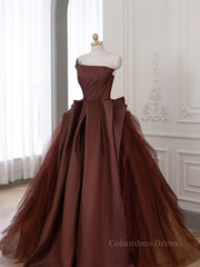 Prom Dresses With Shorts Underneath, Brown Satin Tulle Long Prom Gown, Brown Long Evening Dresses