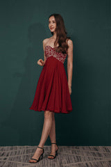 Indian Wedding Dress, A-line Embroidery Chiffon Short Strapless Corset Back Beaded Homecoming Dresses