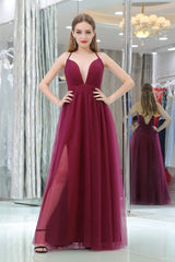 Prom Dresses2041, Burgundy A Line Floor Length Deep V Neck Sleeveless Side Slit Prom Dresses