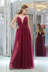 Prom Dresses 2048, Burgundy A Line Floor Length Deep V Neck Sleeveless Side Slit Prom Dresses