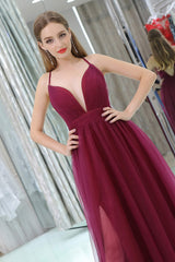 Prom Dresses Long Elegant, Burgundy A Line Floor Length Deep V Neck Sleeveless Side Slit Prom Dresses
