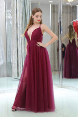 Prom Dress Long Elegent, Burgundy A Line Floor Length Deep V Neck Sleeveless Side Slit Prom Dresses