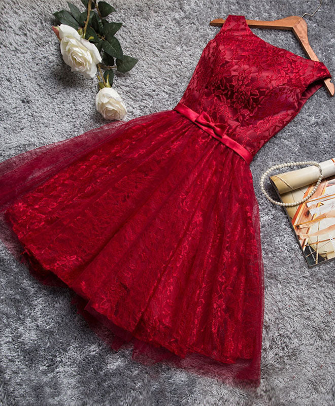 Night Club Outfit, Burgundy A Line Lace Short Prom Dress, Burgundy Evening Dress