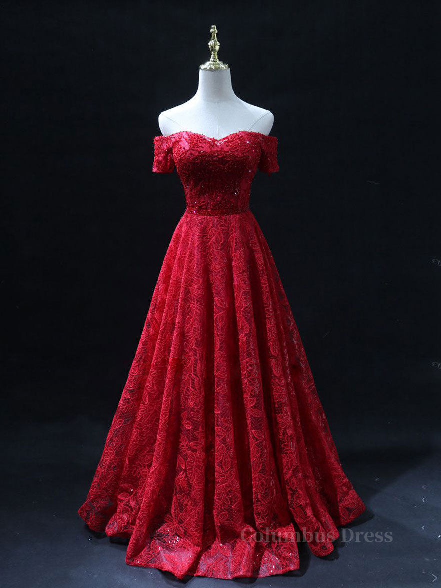 Prom Dress Long Elegant, Burgundy A line lace tulle beads long prom dress, burgundy bridesmaid dress