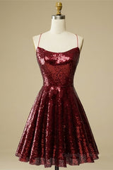 Party Dress With Glitter, Burgundy A-line Lace-Up Back Sequins Mini Homecoming Dress