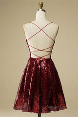 Party Dress Reception Wedding, Burgundy A-line Lace-Up Back Sequins Mini Homecoming Dress