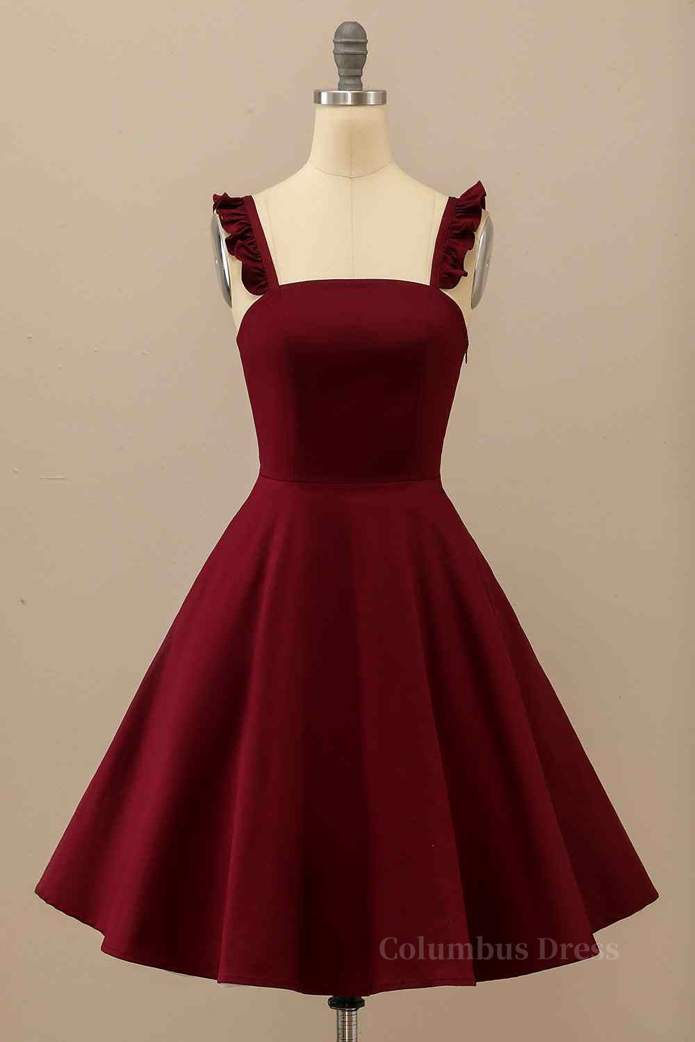 Formal Dresses Classy, Burgundy A-line Ruffle Straps Satin Mini Homecoming Dress