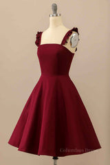 Formal Dresses 2024, Burgundy A-line Ruffle Straps Satin Mini Homecoming Dress