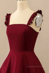 Formal Dresses Vintage, Burgundy A-line Ruffle Straps Satin Mini Homecoming Dress