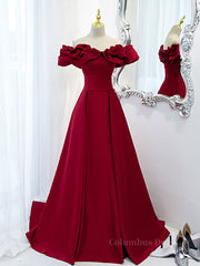Prom Dress Long With Sleeves, Burgundy A-Line Satin Long Prom Dress, Burgundy Formal Evening Dresses
