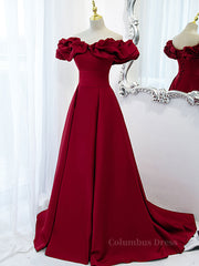 Prom Dresses Long With Sleeves, Burgundy A-Line Satin Long Prom Dress, Burgundy Formal Evening Dresses