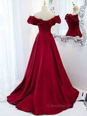 Prom Dress Long Mermaid, Burgundy A-Line Satin Long Prom Dress, Burgundy Formal Evening Dresses