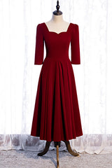 Homecoming Dresses Formal, Burgundy A-line Sleeves Square Neck Pleated Tea Length Formal Dress