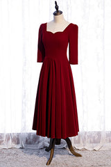 Homecoming Dress Formal, Burgundy A-line Sleeves Square Neck Pleated Tea Length Formal Dress