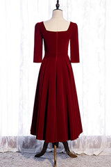 Homecoming Dress Style, Burgundy A-line Sleeves Square Neck Pleated Tea Length Formal Dress