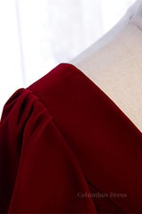 Homecoming Dresses Style, Burgundy A-line Sleeves Square Neck Pleated Tea Length Formal Dress